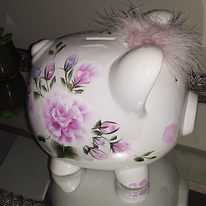 Hand Painted & Personalized Piggy Bank  &quot; The Reed &quot; - New Baby/Birthday/ Christening/ Toddler&#39;s Bank - Roses and Buds