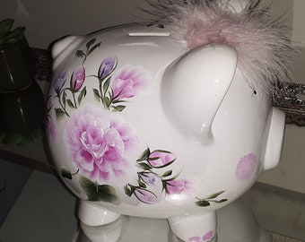 Hand Painted & Personalized Piggy Bank  " The Reed " - New Baby/Birthday/ Christening/ Toddler's Bank/ Roses and Buds