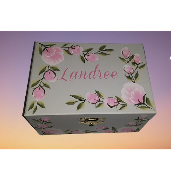 Musical Wood Ballerina Jewelry Box Custom Hand Painted & Personalized "The Landree " Flower Girl / Christening / Communion / Dance Recital