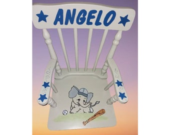 Spindle Wood Rocking Chair  Hand Painted and personalized "The Angelo " - 2 sizes Toddler furniture/ Cute Elephant Sports