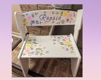 Large Flip Top Stool Hand Painted & Personalized "The Reesie  " Toddler / Baby Shower / Kids Furniture - Peonies