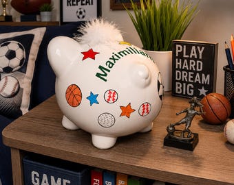 Hand Painted Personalized Mixed Sports Balls Piggy Bank – New Baby Gift