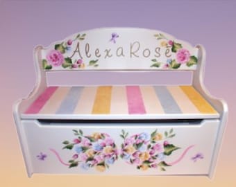 Wood Hand Painted & Personalized Toy Box Deacons Bench -24" W x 12" D x 15.5" H " The Alexa Rose " Toddler/ New Babym-Bow and Flowers