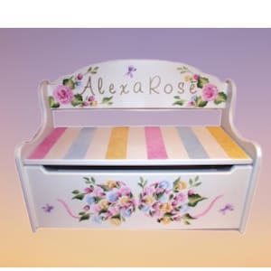 Wood Hand Painted & Personalized Toy Box Bench -24&quot; W x 12&quot; D x 15.5&quot; H &quot; The Alexa Rose &quot;- Toy Storage/ Nursery Furniture Bow and Flowers