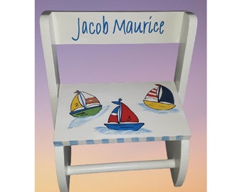 Wood Flip Chair/Stool Hand Painted & Personalized - Choose large or Small "The Oliver" Toddler Stool / New Baby / Kids Furniture / Sailing