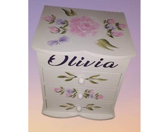 Hand Painted Personalized Large Wood 3 drawer Jewelry Box " The Olivia "  Flower Girl /Confirmation/Dance Recital / Teens