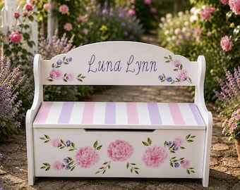 Personalized Hand-Painted Wood Deacons Bench Toy Box  – Floral Design, Baby Shower Gift