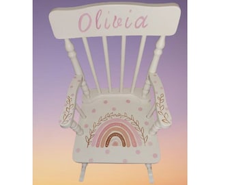 Spindle Wood Rocking Chair " The Olivia " - 2 sizes available Hand Painted & Personalized - Toddler/  Birthday - Boho Rainbow