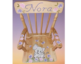 Hand Painted & Personalized Wood Spindle Rocking Chair - 2 sizes "The Nora Elephant " / Child's Furniture / Cute Girly Elephant Flowers