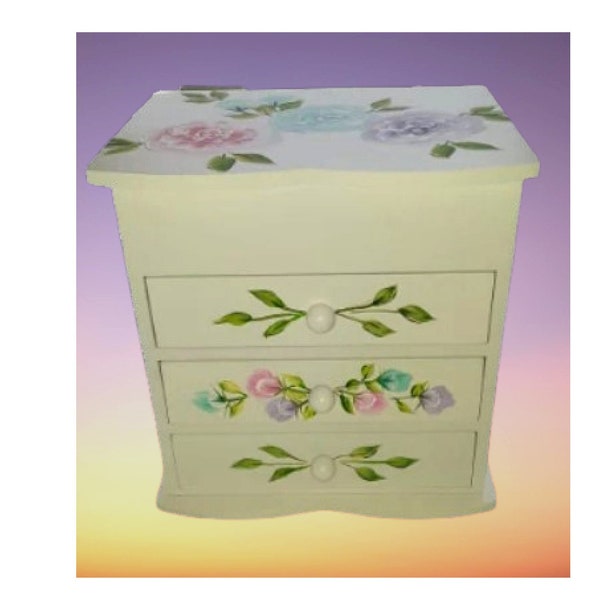 Large 3-drawer wood Hand Painted Personalized Jewelry Box  - " Pretty Flowers " Flower Girl Gift/Confirmation/Birthday/Jewelry Storage/Tween