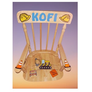 Hand Painted personalized Spindle Wood Rocking Chair - &quot; The Kofi &quot;   Toddler Rocker/ Baby First Birthday Gift - Construction Truck