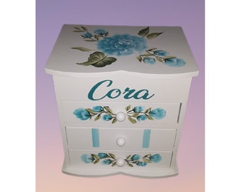 Large Hand Painted Personalized  3-drawer Wood Jewelry Box " The Cora"  Flower Girl /Confirmation / Wedding Party / Teens / Tweens