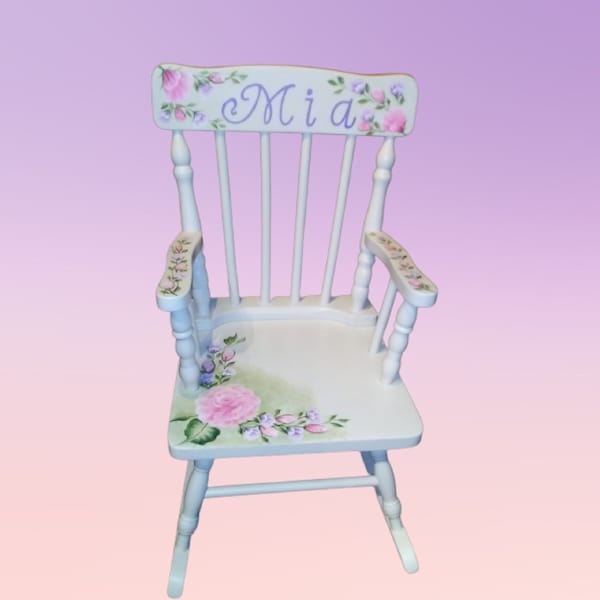 Spindle Wood Rocking Chair- 2 sizes " The Mia " Hand Painted & Personalized/Child's Furniture / First Birthday Gift/ flowers