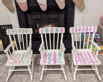 Hand Painted and personalized  Spindle Wood Rocking Chair - " The Fun Daisies " 2 sizes available - Toddler furniture/New baby