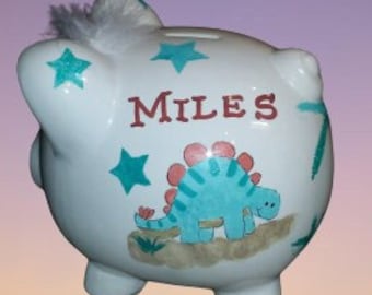 Hand Painted & Personalized Piggy Bank  " The Miles " - New Baby/Custom Piggy Bank/ Birthday/  Baby Dinosaurs