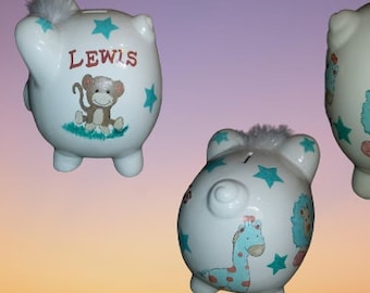 Hand Painted & Personalized Piggy Bank  " The Lewis" - New Baby/Custom Piggy Bank/ Birthday/ Baby Jungle Animals