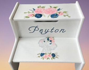 Hand-Painted Personalized Child's Wood 2-Step Stool -  " The Lily " - Toddler Step Stool / Baby Shower Gift / Toddler - Bow and flowers