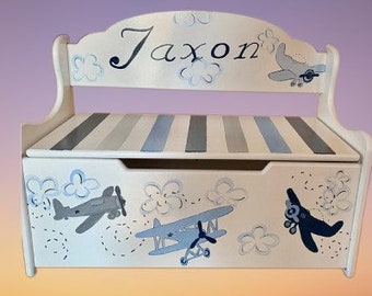 Hand Painted Personalized Airplane Wood Toy Box Bench – Kids Room Decor/ Baby Shower / Unique Gift