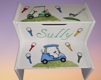 Hand Painted Personalized Child's Wood 2 Step Stool -  " Sully  " Hand Painted / Baby Shower/kids furniture / Golf