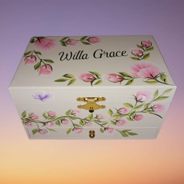 Hand Painted Personalized Wood Ballerina 1 drawer Musical Jewelry Box  "The Willa "  Communion / Flower Girl / Dance Recital/Confirmation