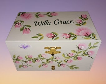 Hand Painted Personalized Wood Ballerina 1 drawer Musical Jewelry Box  "The Willa "  Communion / Flower Girl / Dance Recital/Confirmation