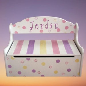 Wood Hand Painted & Personalized Toy Box Deacons Bench The Jordan 24 W x 12 D x 15.5 H Toy Storage Polka Dots and Stripes image 1