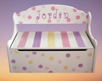 Wood Hand Painted & Personalized Toy Box Deacons Bench - " The Jordan " -24" W x 12" D x 15.5" H Toy Storage -Polka Dots and Stripes