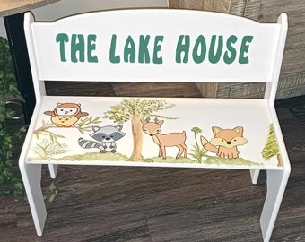 Hand Painted & Personalized Wood Double Bench  "Woodland Critters" - Twins bench/reading bench/teacher /sibling bench