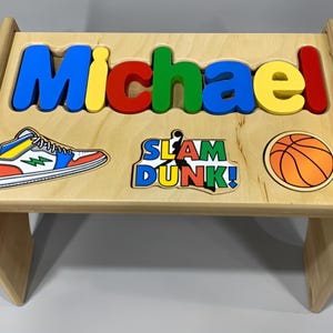 Personalized Wood Puzzle Stool 42 Cutout design Choices - Toddler / Kids Stool  - Shown Basketball Design