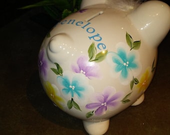 Hand Painted & Personalized Piggy Bank  " The Penelope " - New Baby/Birthday/ Christening/ Toddler's Bank - Pansies