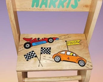 Flip Top Stool Hand Painted & Personalized - Choose Large or Small "The Harris " Toddler Stool / Baby Shower / Kids Furniture - Race Cars