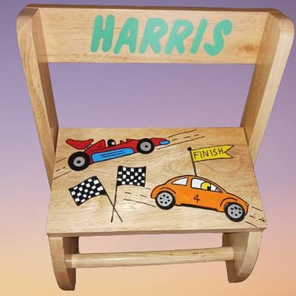 Flip Top Stool Hand Painted & Personalized - Choose Large or Small "The Harris " Toddler Stool / Baby Shower / Kids Furniture - Race Cars