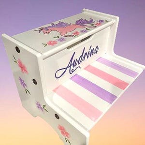 Hand-Painted Personalized Child&#39;s Wood 2-Step Stool -  &quot; The Audrina &quot; - Toddler Step Stool / Baby Shower Gift / Toddler - Unicorn