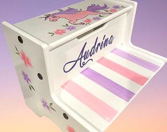 Hand-Painted Personalized Child&#39;s Wood 2-Step Stool -  &quot; The Audrina &quot; - Toddler Step Stool / Baby Shower Gift / Toddler - Unicorn
