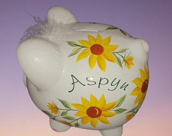Hand Painted /Personalized Large Piggy Bank Blue & Lavender Flowers "The Aspyn " - New Baby /Flower Girl/ Sunflowers