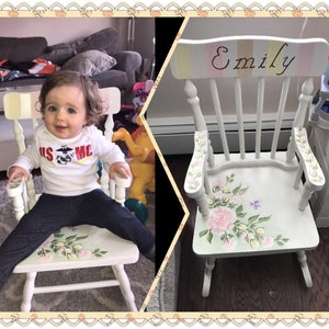 Silla mecedora de madera de husillo " The Emily " - 2 tamaños disponibles pintados a mano y personalizados - Niño / Cumpleaños - Rosas y cogollos