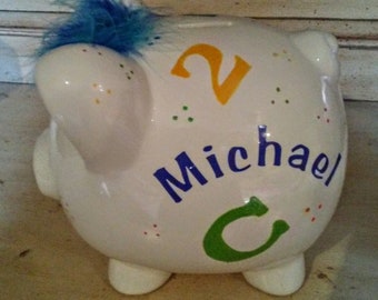 Hand Painted & Personalized Piggy Bank  " The Michael " - New Baby/Custom Piggy Bank/ Birthday/  ABC's and 123's