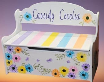 Wood Hand Painted & Personalized Toy Box Bench -24" W x 12" D x 15.5" H " The Cassidy Cecelia " - Toy Storage / Room Decor - Gerber Daisies