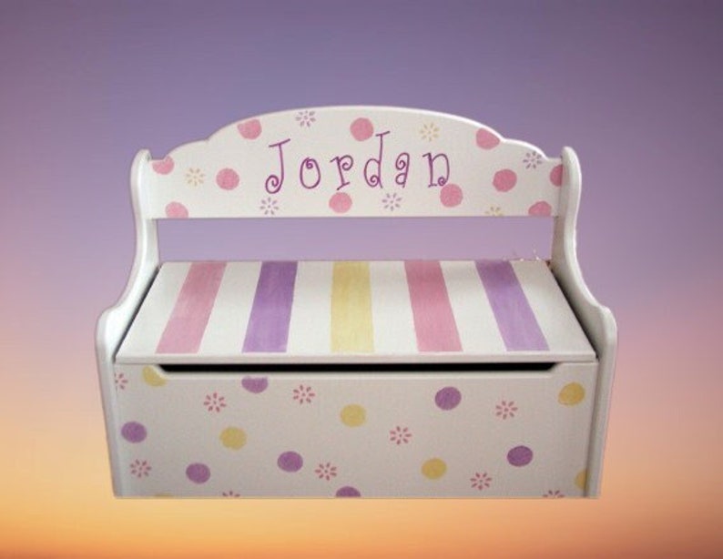 Wood Hand Painted & Personalized Toy Box Deacons Bench The Jordan 24 W x 12 D x 15.5 H Toy Storage Polka Dots and Stripes image 1