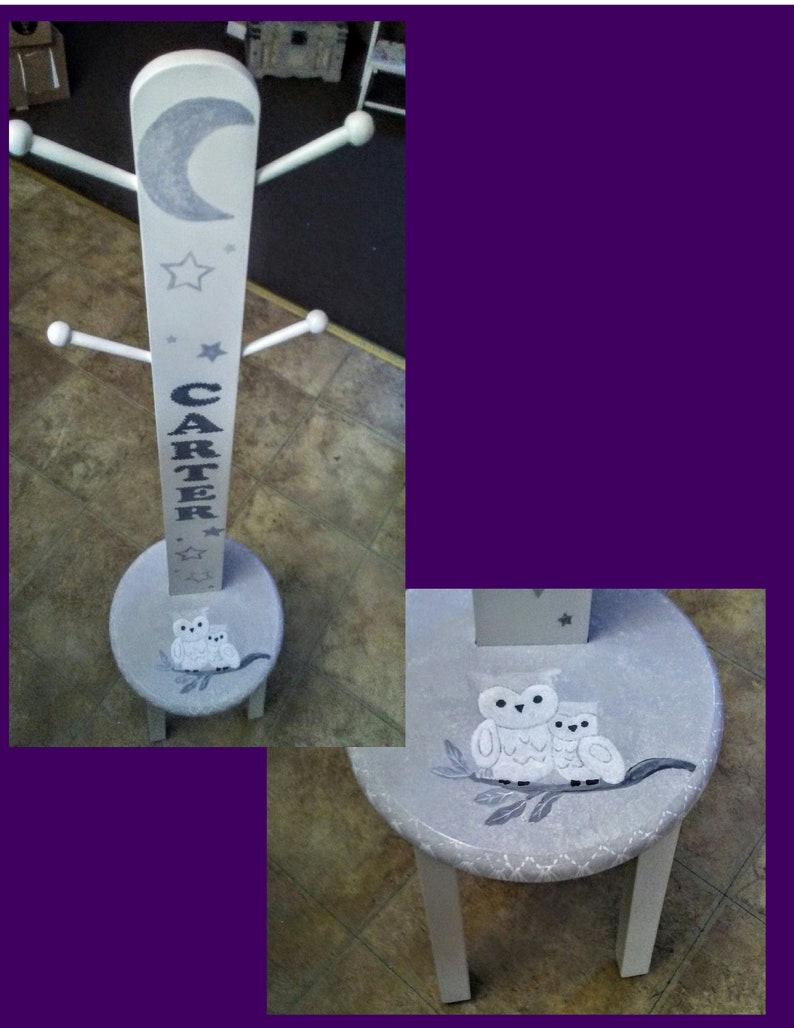 Wood Chair Clothes Tree 4 Hooks Lil Owl Or Request Your Own Design Baby Shower Kid S Furniture