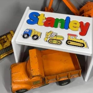 Personalized Wood Puzzle Stool with choice  of 43 cutouts -  shown Construction - Baby Shower / First Birthday Gift, step stool