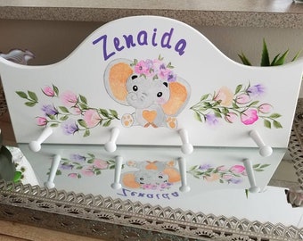 Hand Painted & Personalized LARGE Wood Arch Top Wood 4 Peg Clothes Hanger -  Adorable Elephant