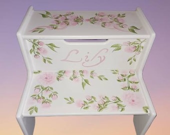 Hand-Painted Personalized Child's Wood 2-Step Stool -  " The Lily " - Toddler Step Stool / Baby Shower Gift / Toddler - Bow and flowers