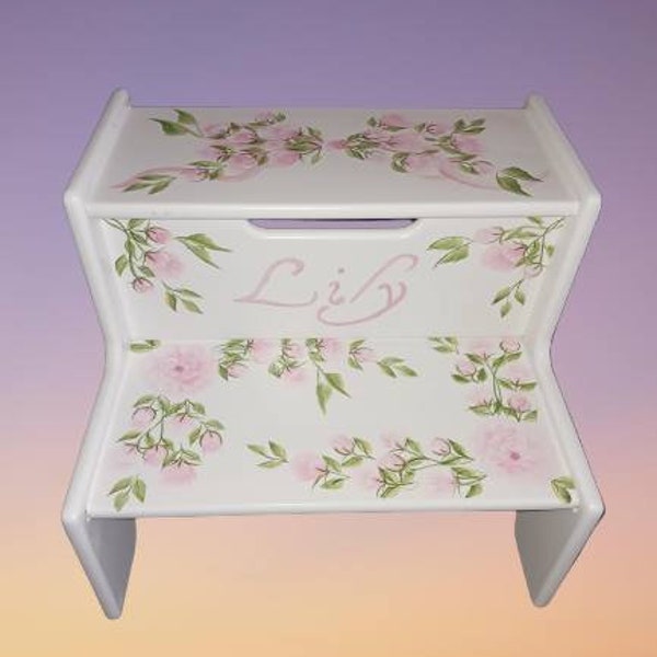 Hand-Painted Personalized Child's Wood 2-Step Stool -  " The Lily " - Toddler Step Stool / Baby Shower Gift / Toddler - Bow and flowers