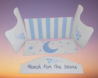 Wood Hand Painted & Personalized Toy Box Deacons Bench - "Reach for the Stars " 24" W x 12" D x 15.5" H - Nursury / toddler - Moon and Stars