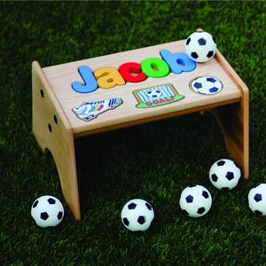 Personalized Wood Puzzle Stool with 42 Cutout Choices  -- Baby Gift/ Boy Girl Gender Neutral- Shown Soccer Design