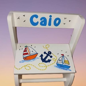 Flip Top Wood Stool/Chair Hand Painted & Personalized &quot;The Caio&quot; Toddler Stool / Toddler Gift/ - your design or mine - Nautical / Sailboats