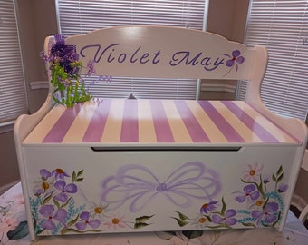 Wood Hand Painted & Personalized Toy Box Deacons Bench - 24" W x 12" D x 15.5" H "  The Violet Mae "Toy Storage