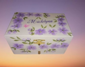 Hand Painted Personalized Wood Ballerina 1 drawer Musical Jewelry Box"The Madelynn" Communion/Flower Girl/Dance Recital/Confirmation -Pansey