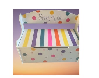 Wood Hand Painted & Personalized Toy Box Deacons Bench - "The Emma " 24" W x 12" D x 15.5"H Toy Storage / Furniture - Polka Dots and Stripes